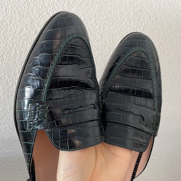 Used J. Crew Dark Green Crocodile Embossed Academy Mules Loafer - Picture 5 of 11